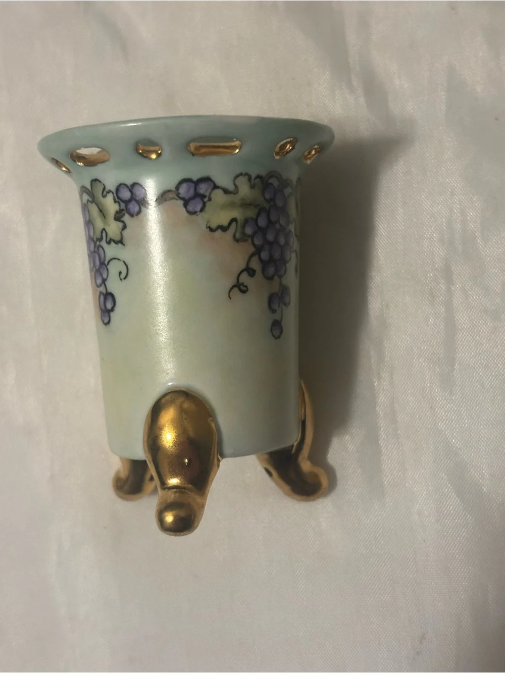 Antique Hand-Painted Grape Motif Porcelain toothpick or matches holder Gold feet